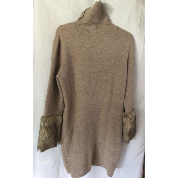 Boston Proper Tan Knit Pullover Turtleneck Dress with faux fur sleeve ends Sz L - Picture 6 of 9